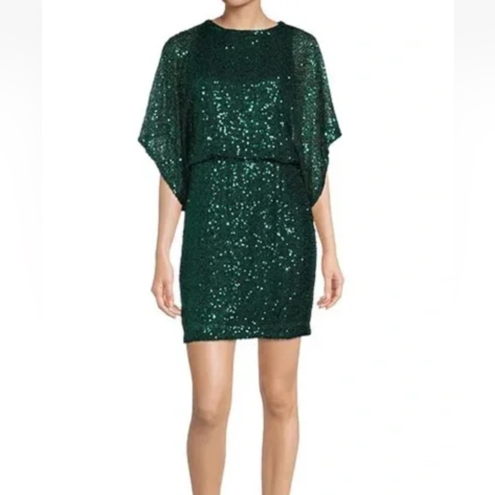 Jessica Howard Green Sequin Above The Knee Blouson Cocktail Dress
